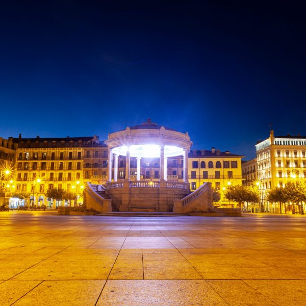 Night view of the main square of Pamplona called plaza del Castillo, Navarra Spain